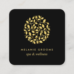 Gold leaves Black wellness spa massage yoga Square Business Card