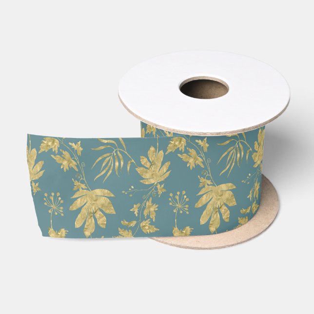 Gold Leaves Blue Green Spring Bridal Shower  Satin Ribbon (Spool)