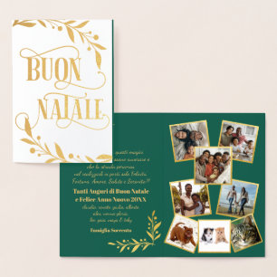 Gold Leaves Buon Natale Folded Multi Photos Green Foil Card