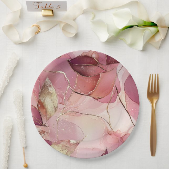 Gold Leaves Burgundy Blush Pink Bridal Shower Paper Plate (Wedding)