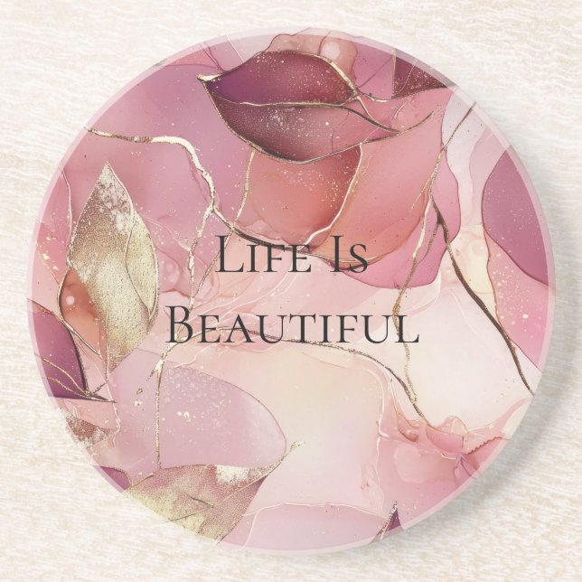 Gold Leaves Burgundy Blush Pink  Coaster (Front)