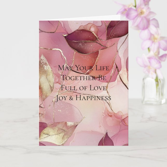 Gold Leaves Burgundy Blush Pink Wedding Card (Orchid)