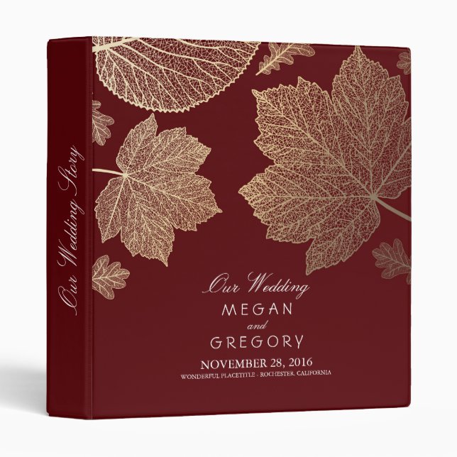 Gold Leaves Burgundy Fall Wedding Binder (Front/Spine)