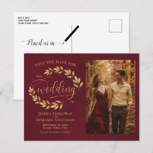 Gold Leaves Burgundy Wedding Save the Date Photo Announcement Postcard