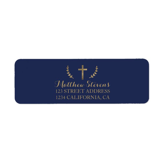 Gold leaves confirmation navy blue script label (Front)