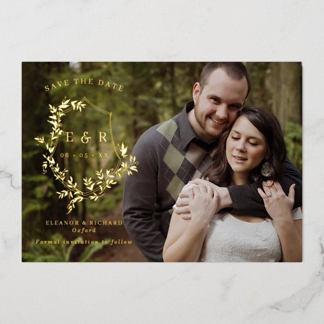 Gold Leaves Crest Monogram Photo Save The Date (Front)