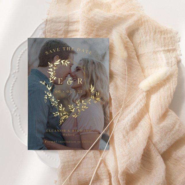 Gold Leaves Crest Monogram Photo Save The Date Foi (Creator Uploaded)