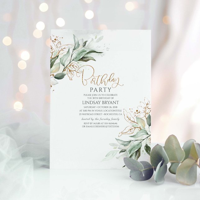 Gold Leaves Eucalyptus Greenery Cute Birthday Invitation (Greenery Birthday Invitation)