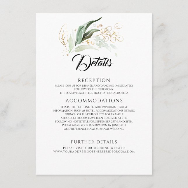 Gold Leaves & Eucalyptus Greenery Wedding Details Enclosure Card (Front)