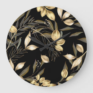 Gold Leaves: Exotic Botanical Seamless Large Clock