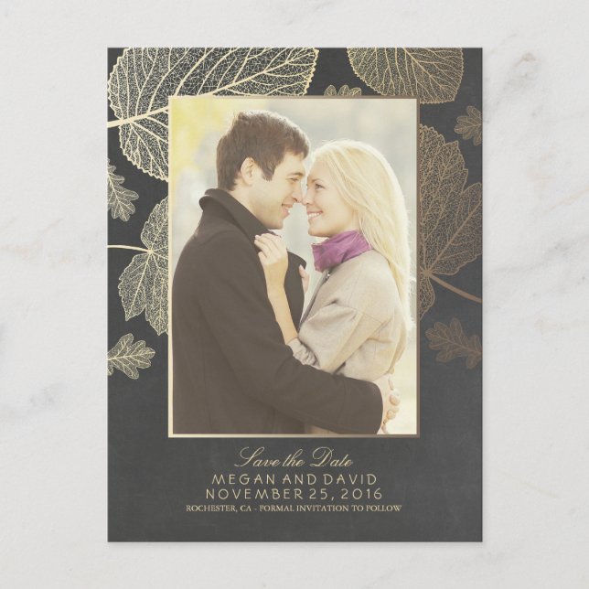 Gold Leaves Fall Photo Save the Date Announcement Postcard (Front)