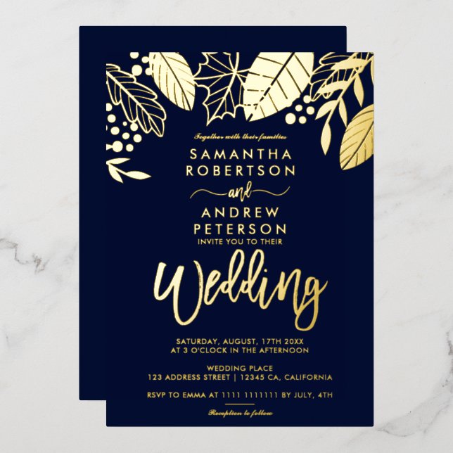 Gold leaves fall typography navy blue wedding  (Front/Back)