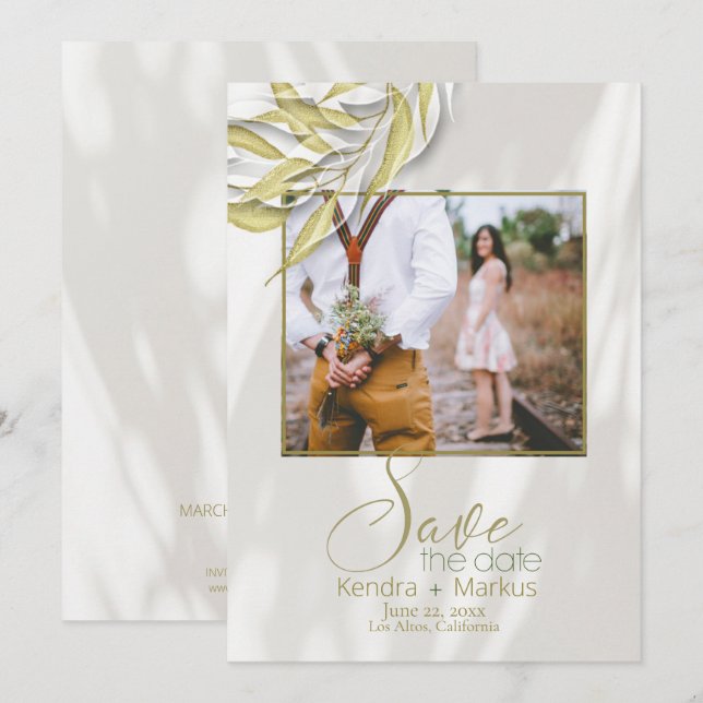 Gold Leaves Filtered Shadows Save the Date Invitation (Front/Back)