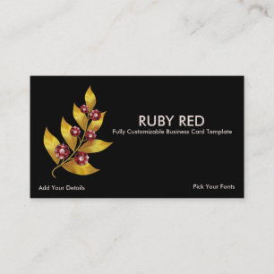 Gold Leaves Flower & Ruby Rhinestone Business Card