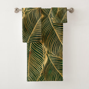Gold Leaves Forest Green Elegant Pattern Bath Towel Set