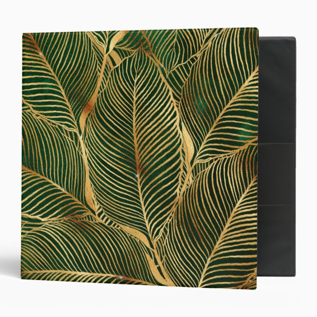 Gold Leaves Forest Green Elegant Pattern Binder (Front/Inside)