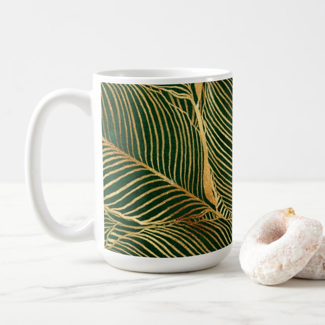 Gold Leaves Forest Green Elegant Pattern Coffee Mug (With Donut)