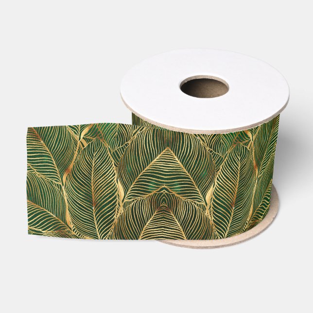 Gold Leaves Forest Green Elegant Pattern Grosgrain Ribbon (Spool)