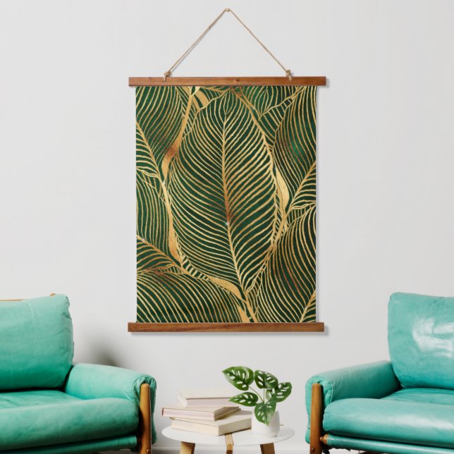 Gold Leaves Forest Green Elegant Pattern Hanging Tapestry (Living Room)