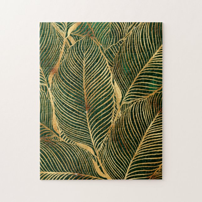 Gold Leaves Forest Green Elegant Pattern Jigsaw Puzzle (Vertical)