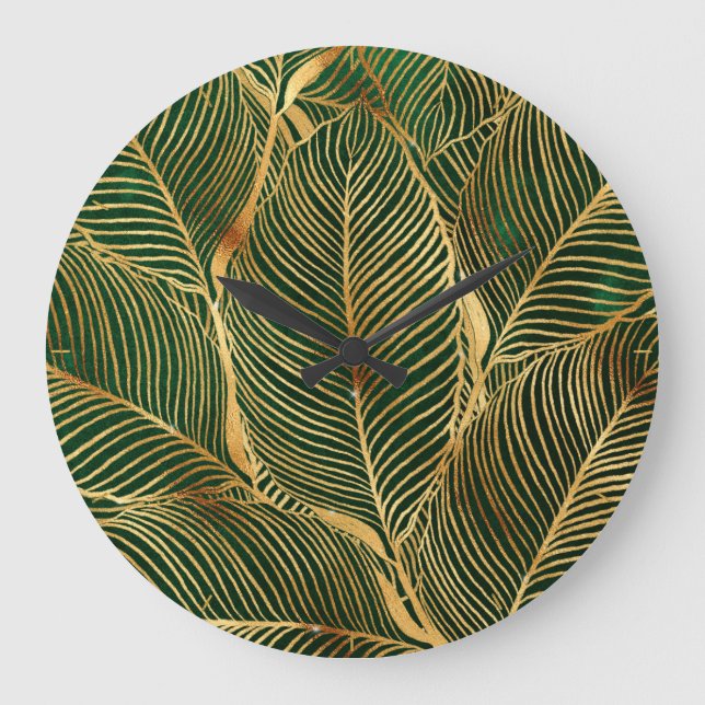 Gold Leaves Forest Green Elegant Pattern Large Clock (Front)