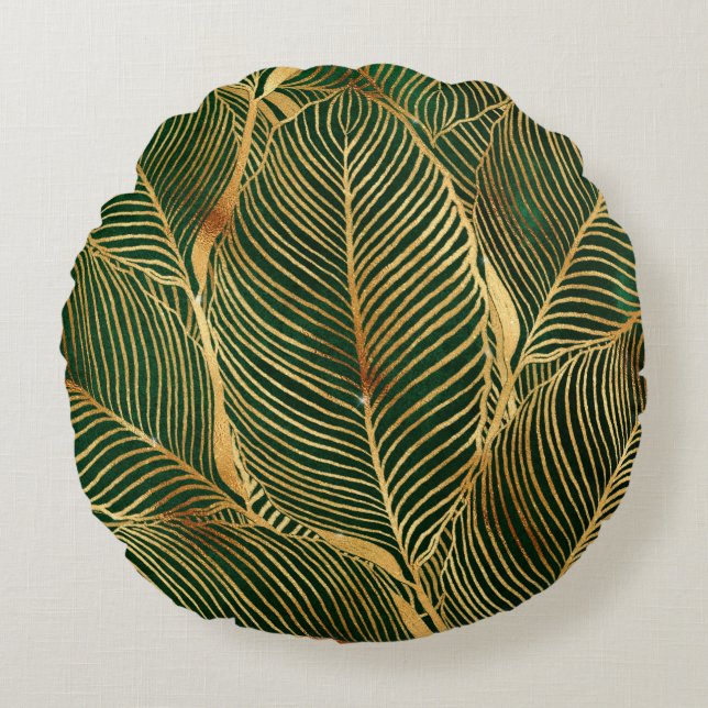Gold Leaves Forest Green Elegant Pattern Round Pillow (Front)