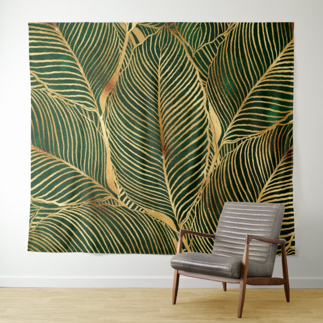 Gold Leaves Forest Green Elegant Pattern Tapestry (In Situ (Horizontal))