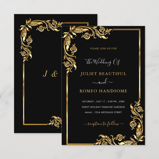 Gold Leaves Frame Black Elegant Wedding Invitation (Front/Back)