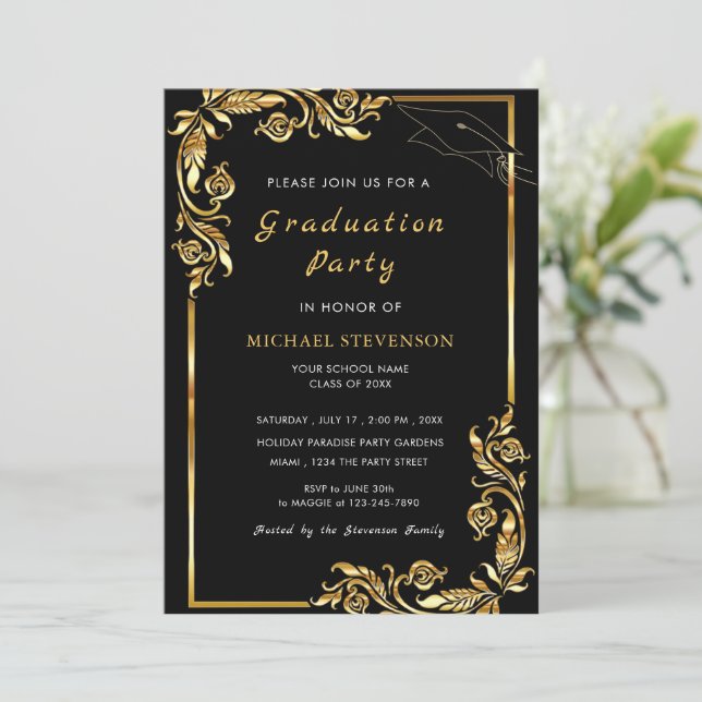 Gold Leaves Frame Graduation Invitation Card (Standing Front)