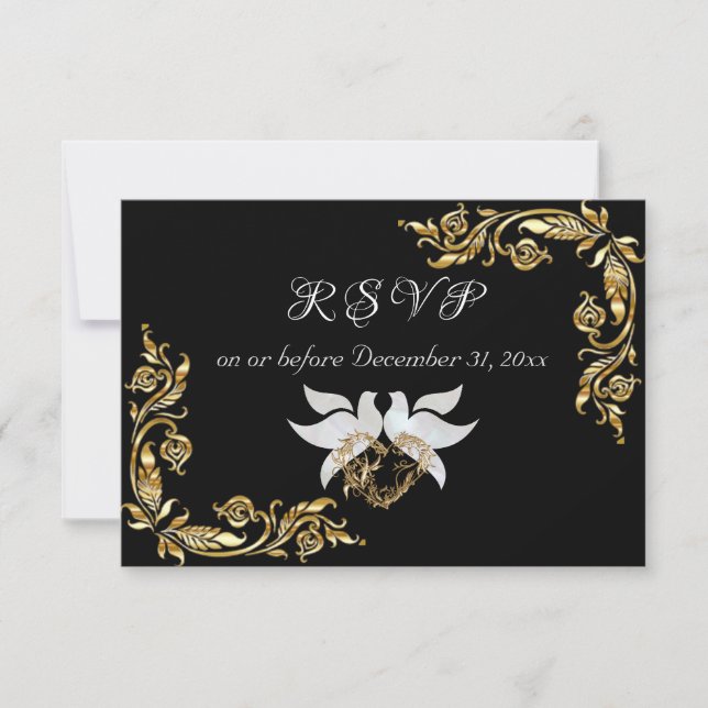Gold Leaves Frame on Black RSVP Card (Front)