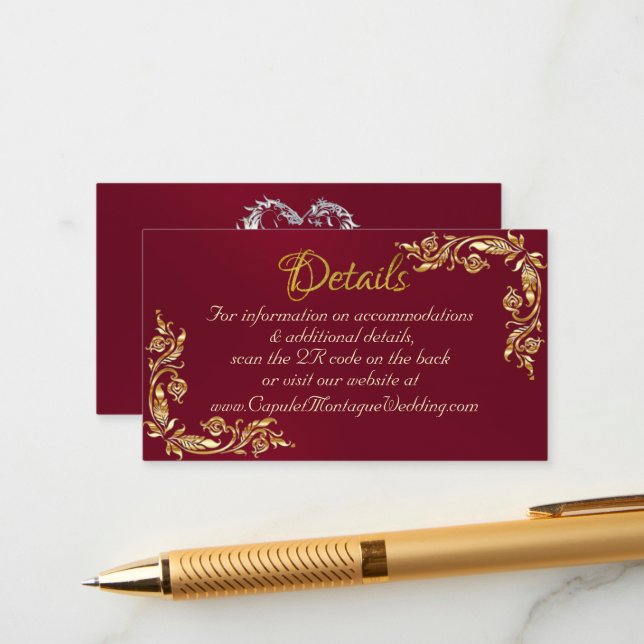 Gold Leaves Frame on Burgundy, QR Code Enclosure Card (Front/Back In Situ)