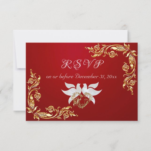 Gold Leaves Frame on Crimson RSVP Card (Front)