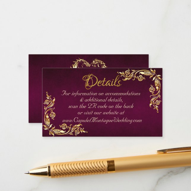 Gold Leaves Frame on Dark Purple, QR Code Enclosure Card (Front/Back In Situ)