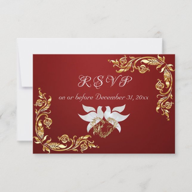 Gold Leaves Frame on Ruby Red RSVP Card (Front)