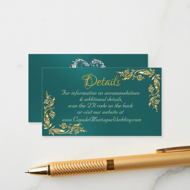 Gold Leaves Frame on Teal, QR Code Enclosure Card (Front/Back In Situ)