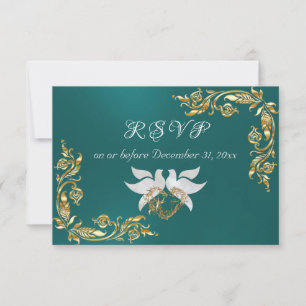 Gold Leaves Frame on Teal RSVP Card