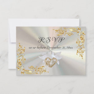 Gold Leaves Frame on White Pearl RSVP Card