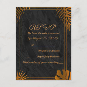 Gold Leaves Geometric Frame Tropical Wedding RSVP Postcard