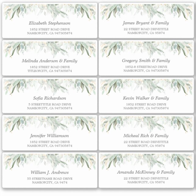 Gold Leaves Greenery Guest Names Address Labels (Front)