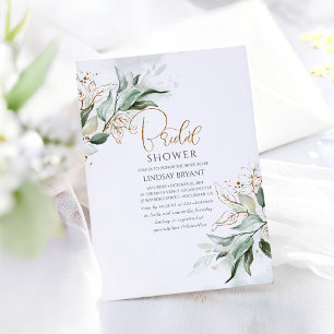 Gold Leaves Greenery Romantic Cute Bridal Shower Invitation