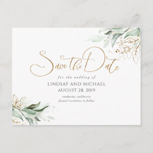 Gold Leaves Greenery Save the Date Postcard