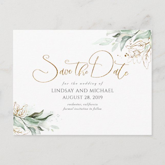 Gold Leaves Greenery Save the Date Postcard (Front)