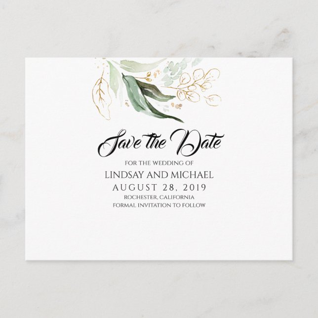 Gold Leaves Greenery Save the Date Postcard (Front)