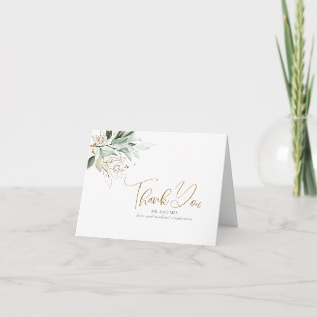 Gold Leaves Greenery Wedding Thank You (Front)