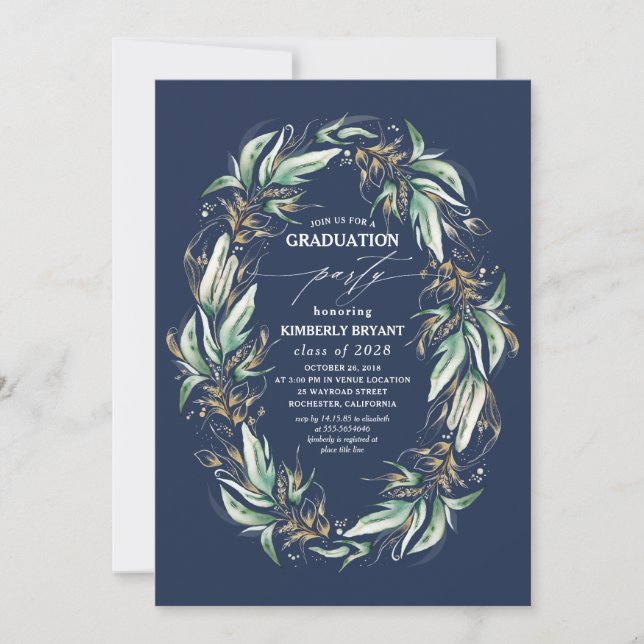 Gold Leaves Greenery Wreath Navy Blue Graduation Invitation (Front)