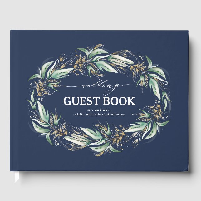 Gold Leaves Greenery Wreath Navy Blue Wedding Guest Book (Front)