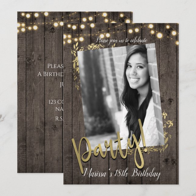 Gold Leaves Lights Rustic Dark Wood Birthday Party Invitation (Front/Back)