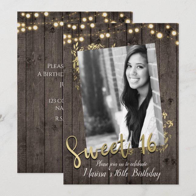 Gold Leaves & Lights Rustic Dark Wood Sweet 16 Invitation (Front/Back)