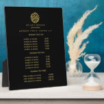 Gold leaves logo black | spa massage pricing plaque<br><div class="desc">Elegant design displays your services, price list or business information beneath a circle of branches and leaves in faux gold foils and your name or business name. Includes three customizable headings and body text fields. To adjust layout, enter your text and then use the Customize function to change positioning and...</div>