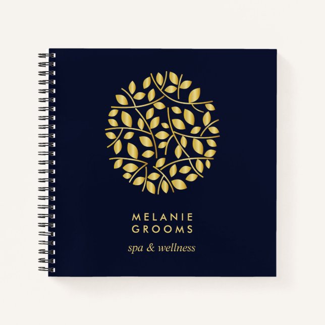 Gold Leaves Logo | Blue | Personalized Monogram Notebook (Front)